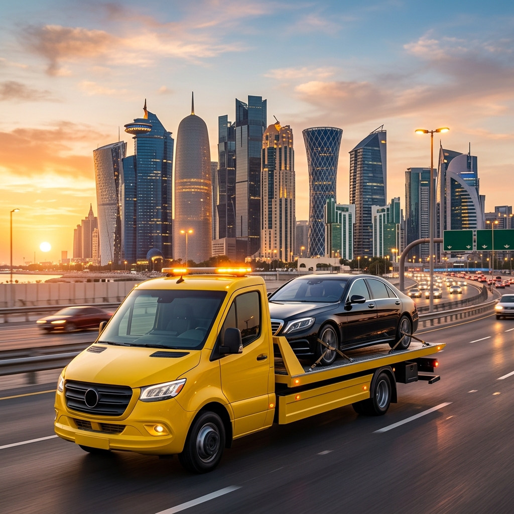 NMR Flatbed Tow Truck transporting vehicle in Qatar
